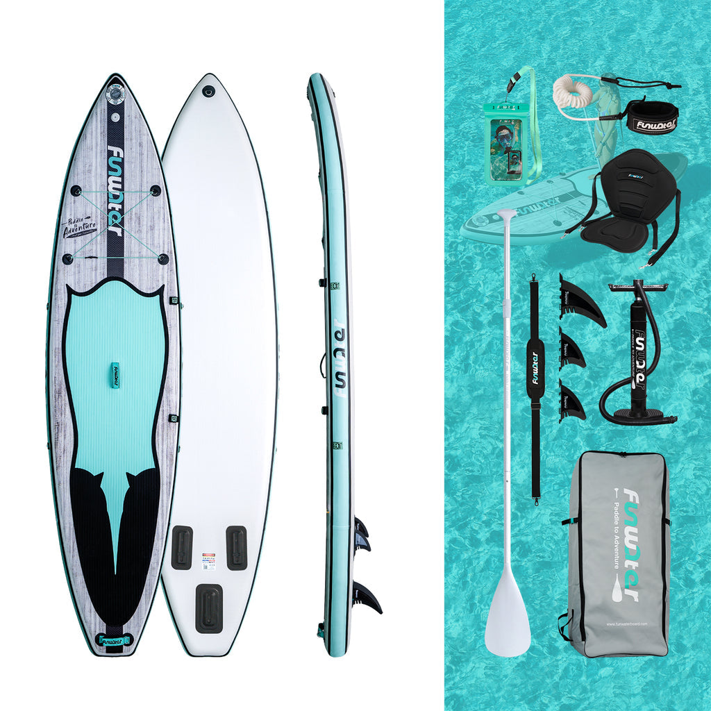 blow up standing paddle board accessries include paddle for paddle board, SUP board pump, paddle board fins