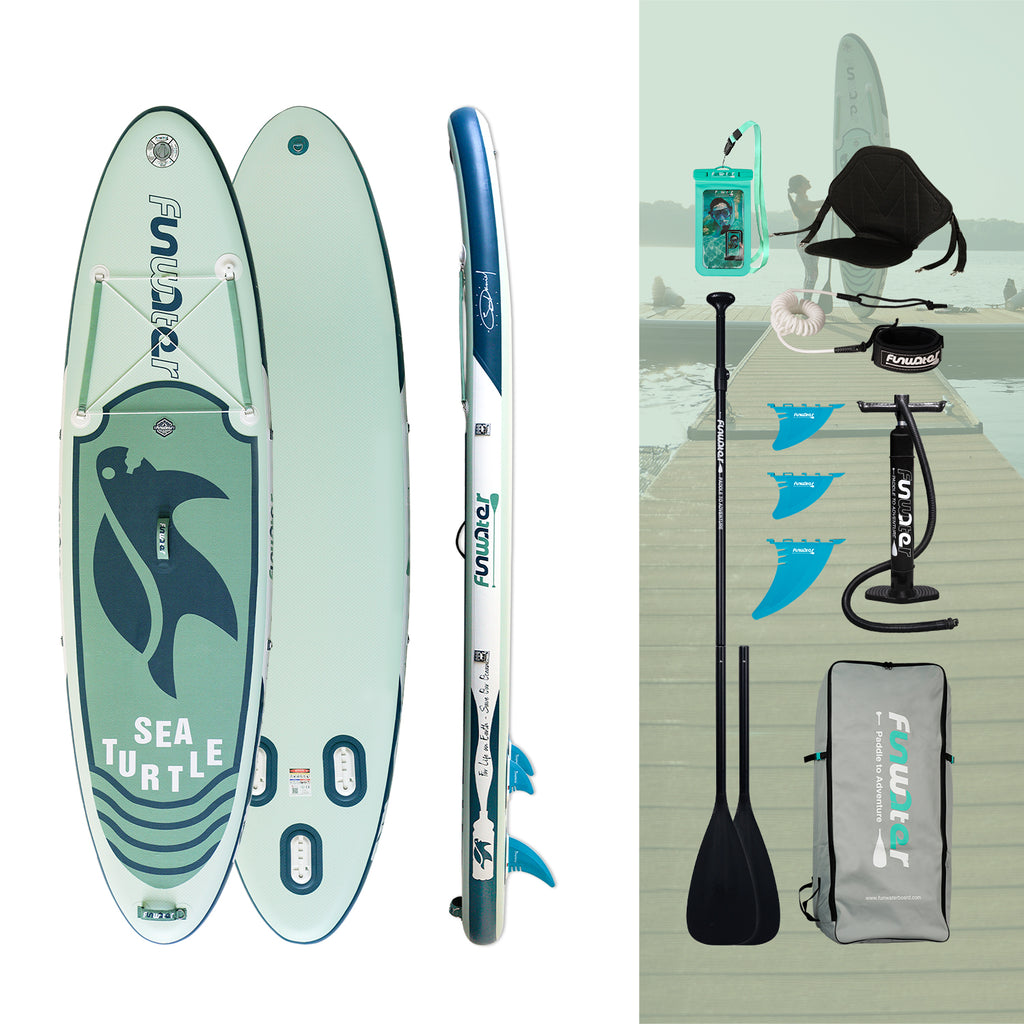 Funwater blow up SUP board accessories include pump, paddle, fins, backpack and more