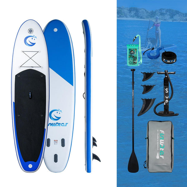 Inflatable stand up paddle board accessories include: waterproof phone pouch, fins, pump