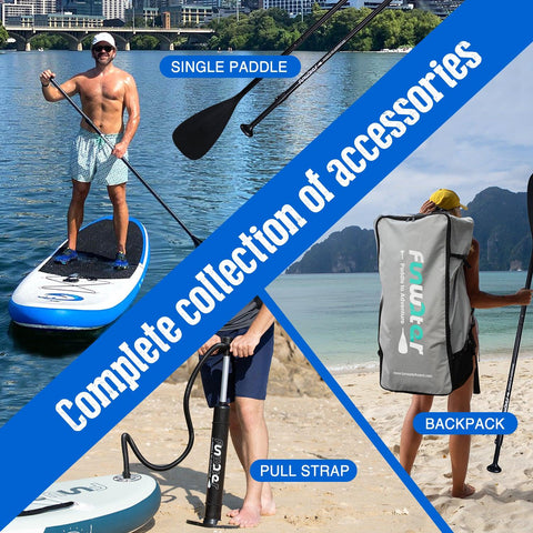 Funwater paddle board accessories collection include: paddle, pump, backpack