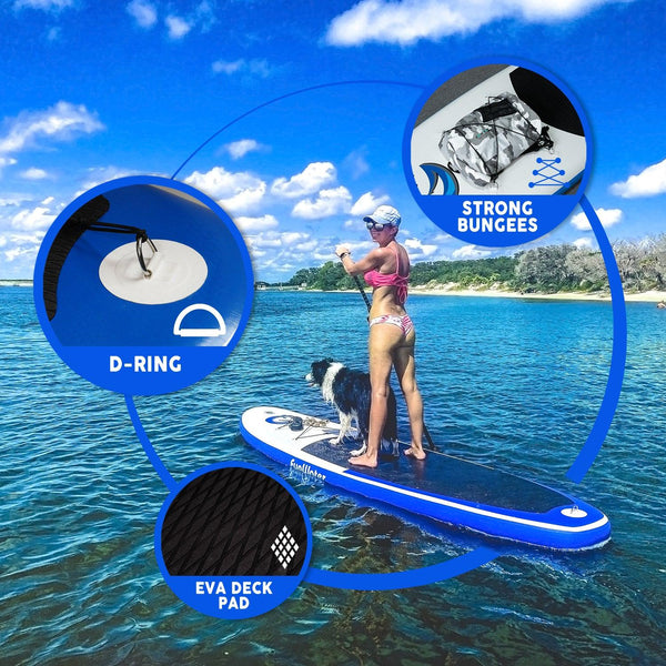 Blow up paddle board’s features: STRONG BUNGEES, D-RING, and EVA DECK PAD.