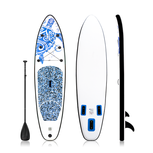 stand up paddle board toronto island is blue camouflage design with turtle