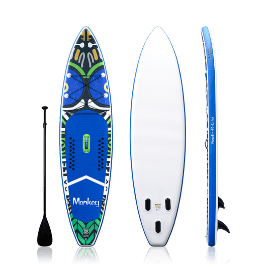 Funwater SUP board for adults features a blue monkey design and comes with a single-blade paddle 