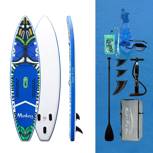 SUP board accessories in Canada comes with fins,  waterproof phone pouch, pump, paddle