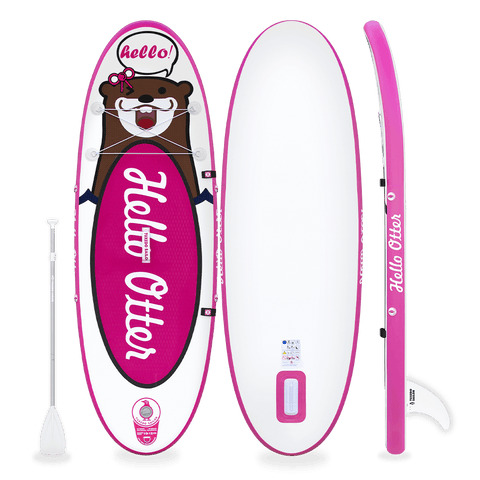 SUP board for kids in Canada features a pink otter design and come with a  single-blade paddle