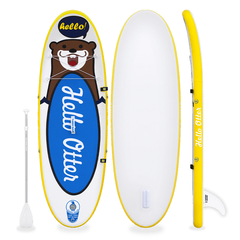 Funwater paddle board for kids features a yellow otter design and come with a single-blade paddle