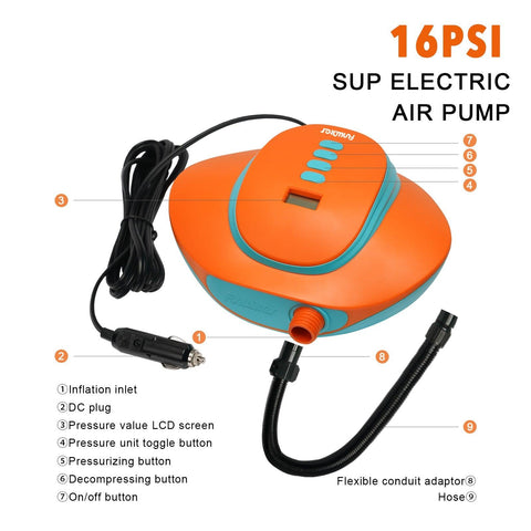 16 PSI electric paddle board pump offers quick inflation and necessary SUP accessories for free your hands