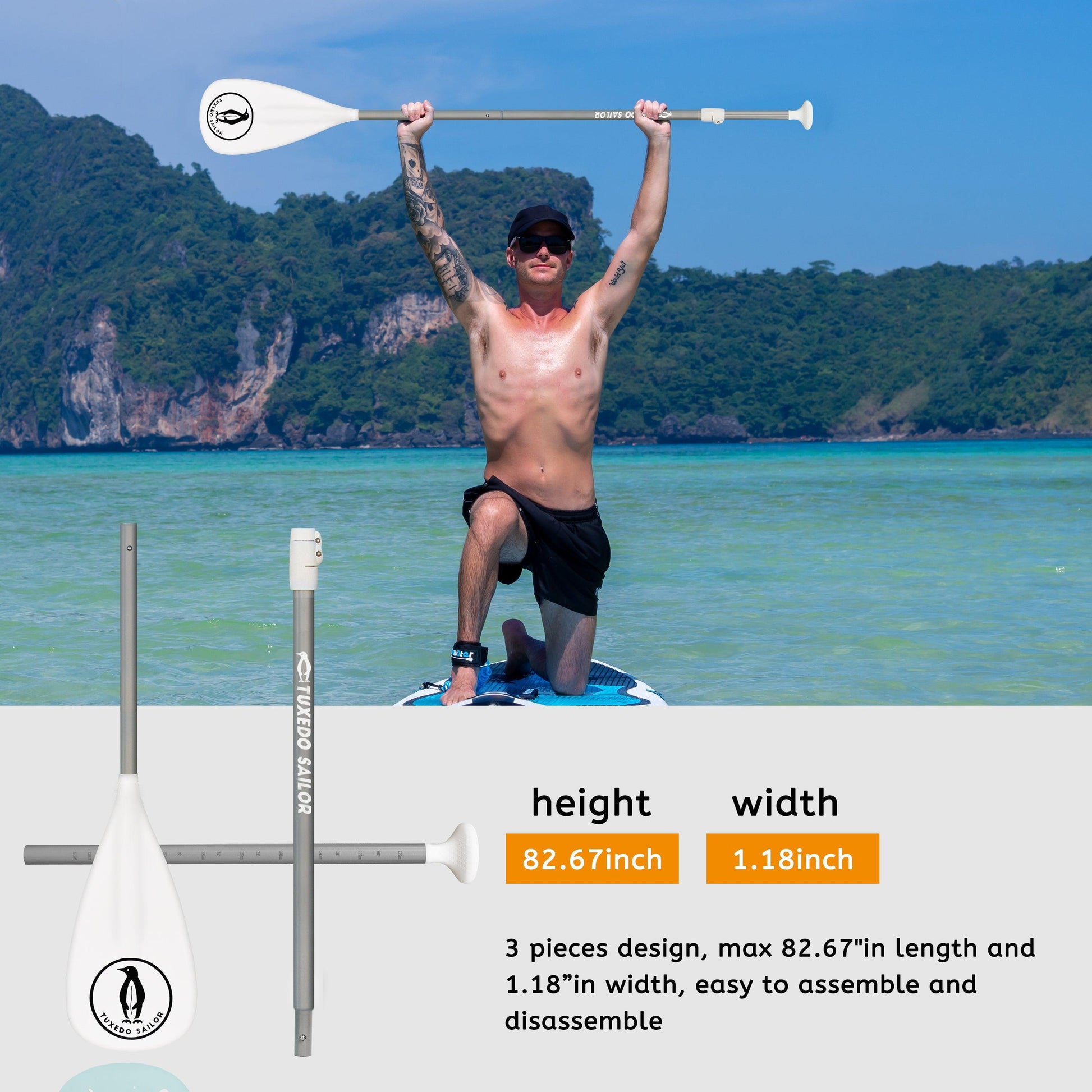 Paddle for paddle board features 3 pieces design