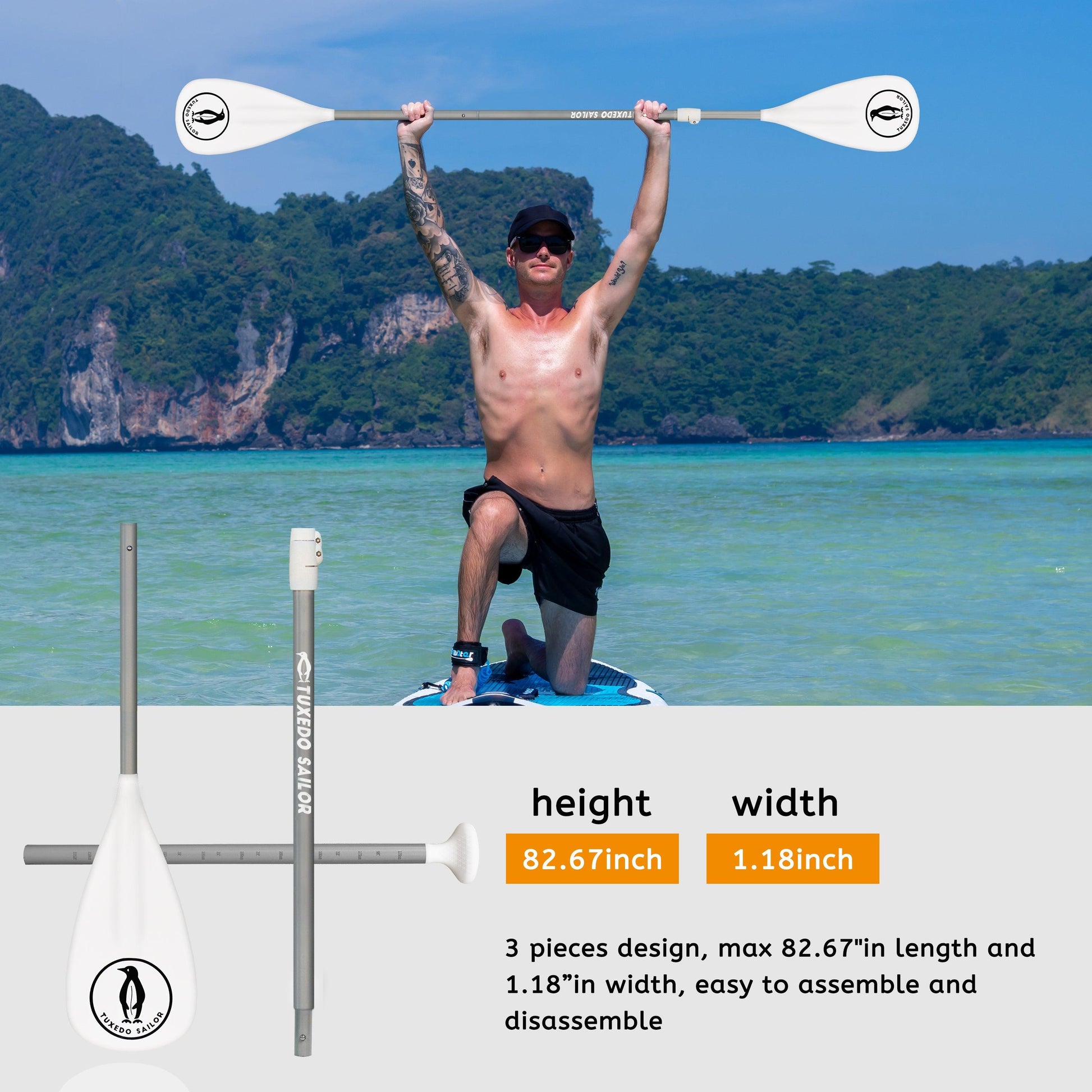 Paddle for SUP board features 3 pieces design